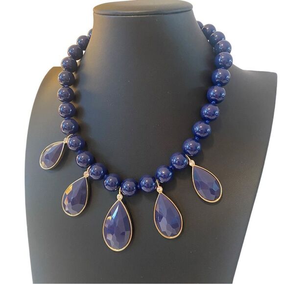 Kate Spade NY Dark Blue & Gold Toned Beaded Teardrop Statement Necklace. - Picture 3 of 5